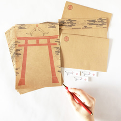 狐の手毬唄 レターセット 稲荷神社 鳥居 日本 和 雲 動物 シール 封筒 便せん 1枚目の画像