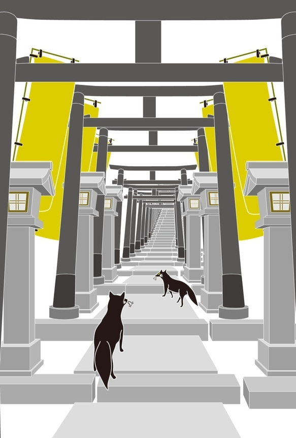 黒狛狐と穂波 白ポストカード５枚セット 秋 稲荷神社 鳥居 日本 和  動物 御朱印 3枚目の画像