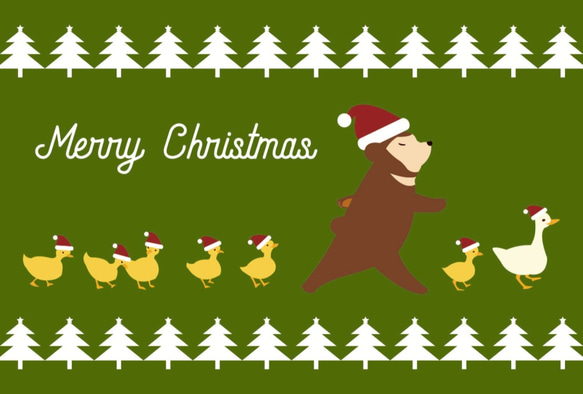 クリスマスカード アヒル達とクマの行進 5枚セット 鳥 動物 冬 クリスマスツリー ポストカード 3枚目の画像