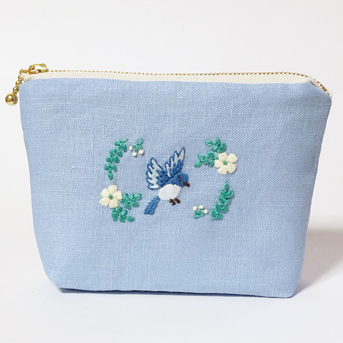 青色鳥刺繍クッション 大きめ 花の周りを舞う青い鳥 刺繍リネンファスナーポーチ ポーチ coco 通販