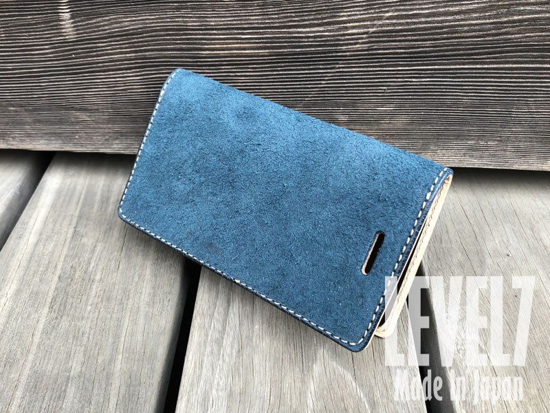 iPhone各種対応 国産＆イタリアンレザー 手帳型ケース オイルベロア ブルー　ハンドメイド　日本製　本革ケース