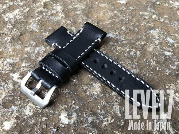 手縫い ラグ幅20MM/22MM/24MM/26MM ブラック×ホワイトステッチ