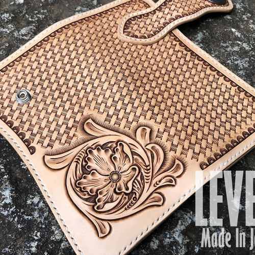 長財布/ロングウォレット フラワー＆バスケットカービング 手縫い