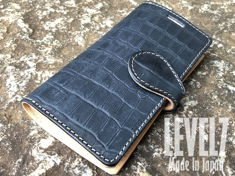 各種iPhone対応　iPhoneケース　手帳型　クロコダイル柄　ブルー　ワニ型押しオイルレザー　日本製 LEVEL7
