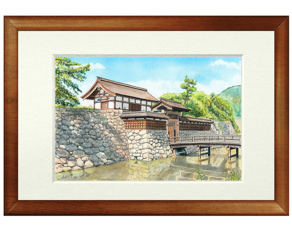 松本城　水彩画　額装 絵画 風景画(街並み) 日本の城 長野県 新緑の松本城 インテリア