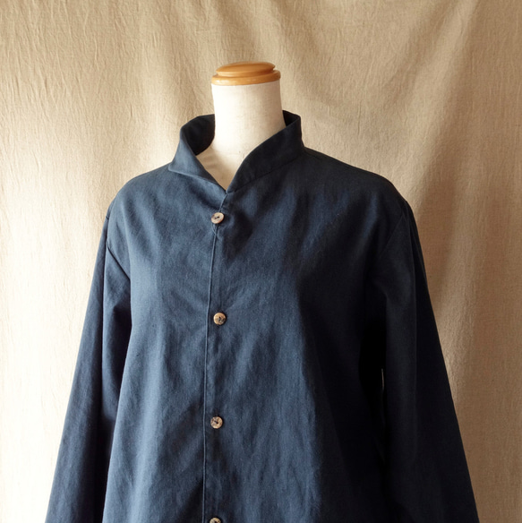 亞麻混紡棉質不對稱彩色襯衫夾克（藏青色） 第4張的照片