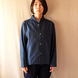 亞麻混紡棉質不對稱彩色襯衫夾克（藏青色） 第2張的照片