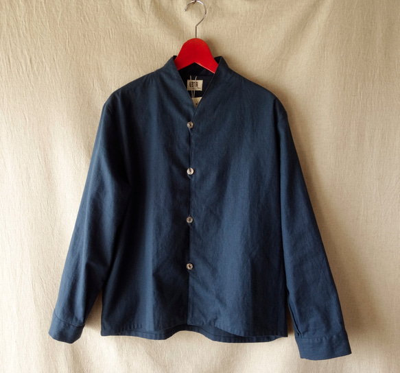 亞麻混紡棉質y恤上衣長袖（紺） 第2張的照片