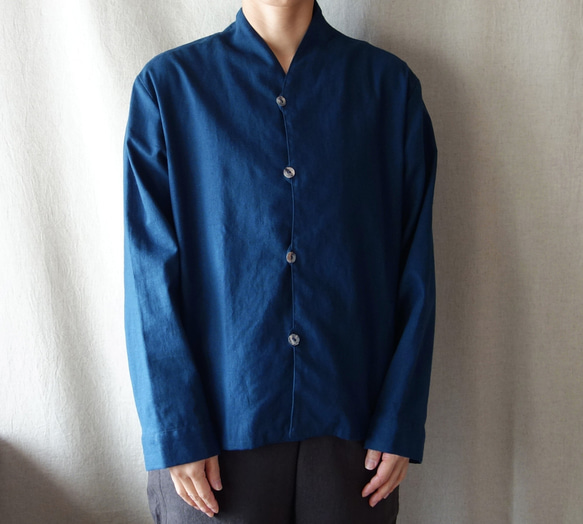 亞麻混紡棉質y恤上衣長袖（紺） 第5張的照片