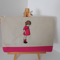 刺繍の帆布のペンケース可愛いフランスの女の子 ２色のピンク 1枚目の画像