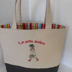 フランスの通学の女の子刺繍の帆布のトートバッグ　 3枚目の画像