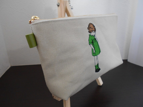 刺繍の帆布のペンケース可愛いフランスの女の子グリーン 3枚目の画像
