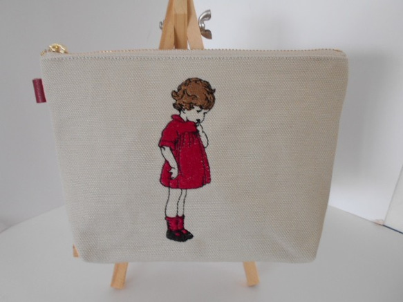 選べる４色の可愛いフランスの女の子刺繍の帆布のポーチ１４㎝１６㎝１８㎝２０㎝ 3枚目の画像