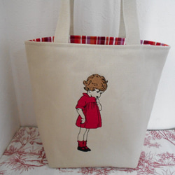 刺繍の帆布のミニトートバッグ　フランスの可愛い女の子　レッド 7枚目の画像