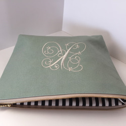 選べる刺繍の帆布のマルチポーチ　　ミントグリーン　25㎝ 2枚目の画像
