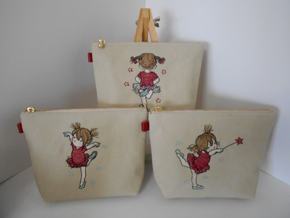 選べる可愛い バレリーナの女の子刺繍の帆布のポーチレッド １６㎝ 18㎝　２０㎝ 1枚目の画像