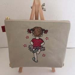 選べる可愛い バレリーナの女の子刺繍の帆布のポーチレッド １６㎝ 18㎝　２０㎝ 2枚目の画像