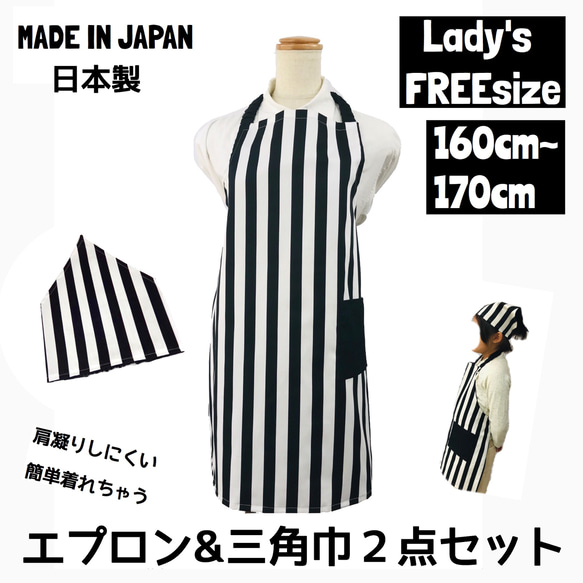 大人エプロンと三角巾のセット lady's M〜Lサイズ エプロン  三角巾 料理 仕事 送料無料 ストライプ 1枚目の画像