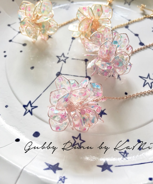 六角貝殼粉花球垂墜耳環⭐︎耳環/耳針/樹脂(一對)（玫瑰金）creema限定!!!! 第3張的照片