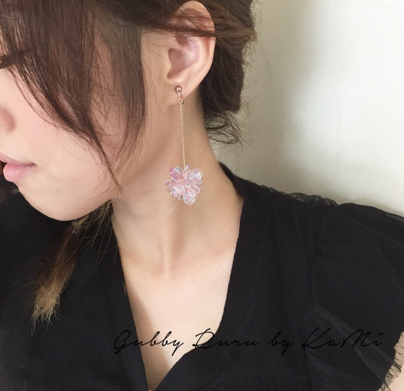 六角貝殼粉花球垂墜耳環⭐︎耳環/耳針/樹脂(一對)（玫瑰金）creema限定!!!! 第4張的照片