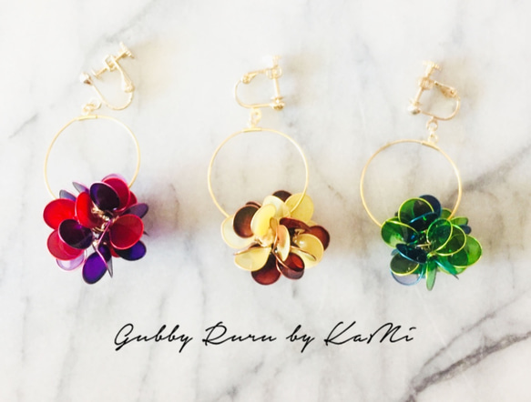 小毬花  耳環/耳針/耳夾/樹脂（一對）棕色系 第3張的照片