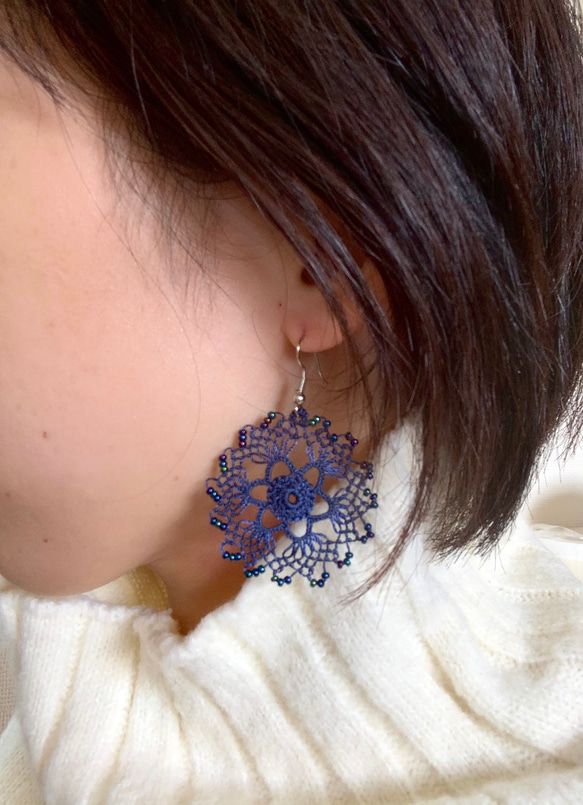 --- 水晶耳環 --- 蕾絲針織 Eineoya [海軍藍] 第4張的照片