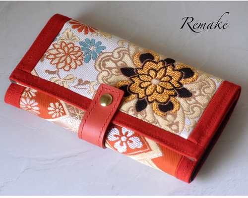 正絹＊朱色＊華文＊着物帯リメイク＊長財布 長財布 ..*kakkin..* 通販