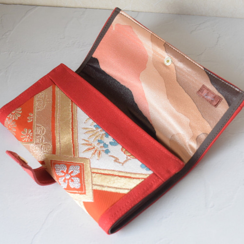 正絹＊朱色＊華文＊着物帯リメイク＊長財布 長財布 ..*kakkin..* 通販
