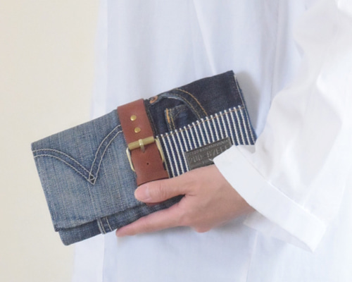 デニムリメイク×革ベルト＊長財布＊ジーンズリメイク 長財布