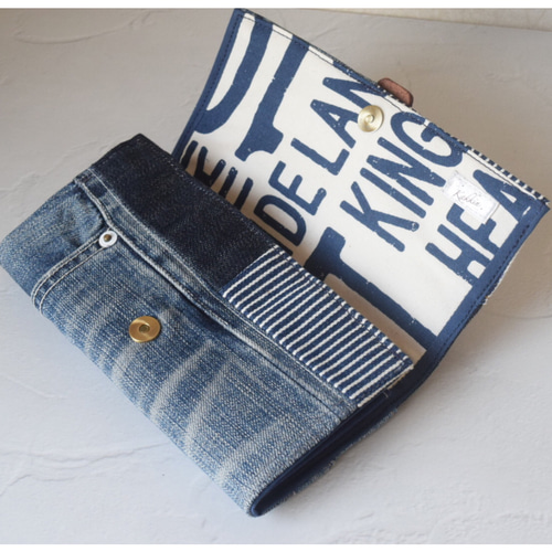 デニムリメイク×革ベルト＊長財布＊ジーンズリメイク 長財布