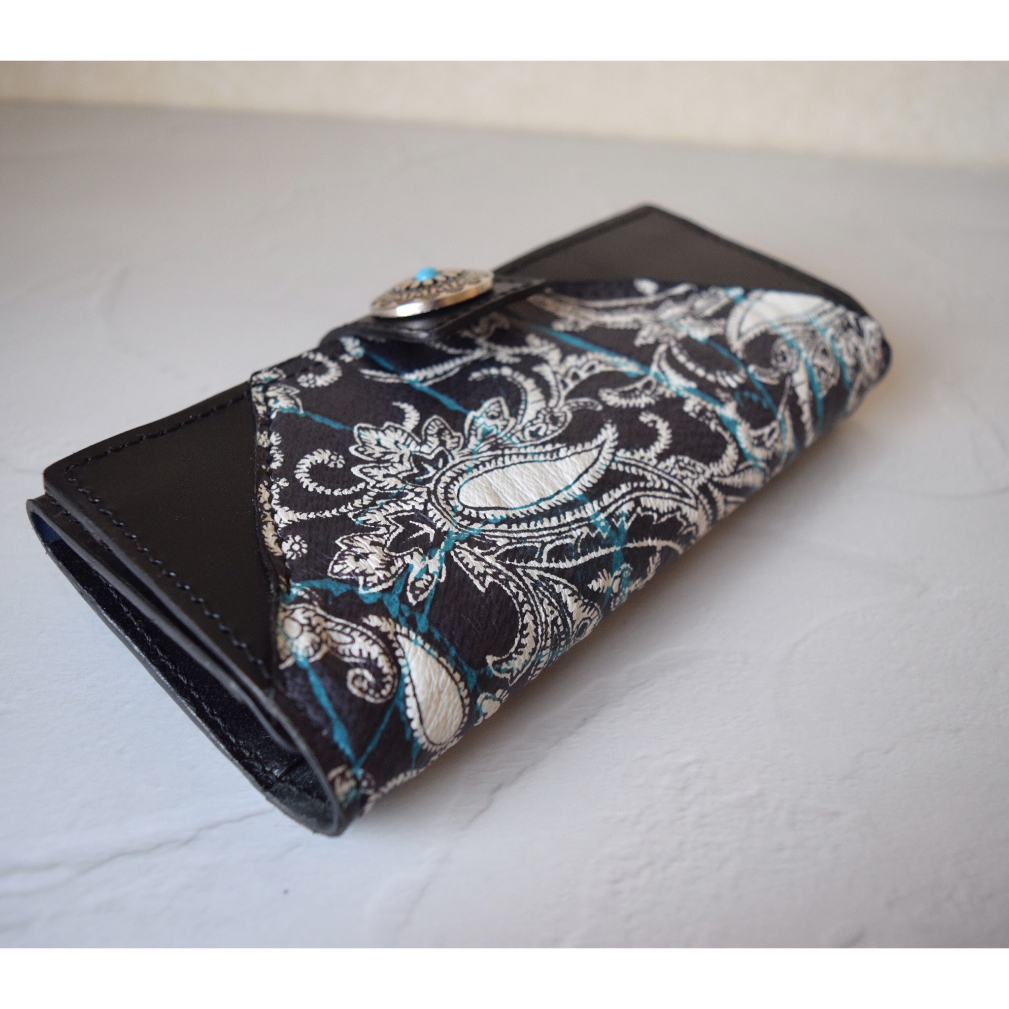 手縫い＊革友禅＊長財布＊ペイズリー柄＊一点もの
