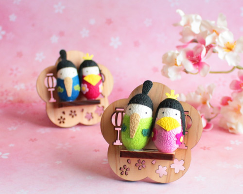 雛人形セット 花柄台座付き 雛人形】三寸 おぼこ雛 京刺繍(唐花)×京刺繍(雪輪に桜) 双子飾り
