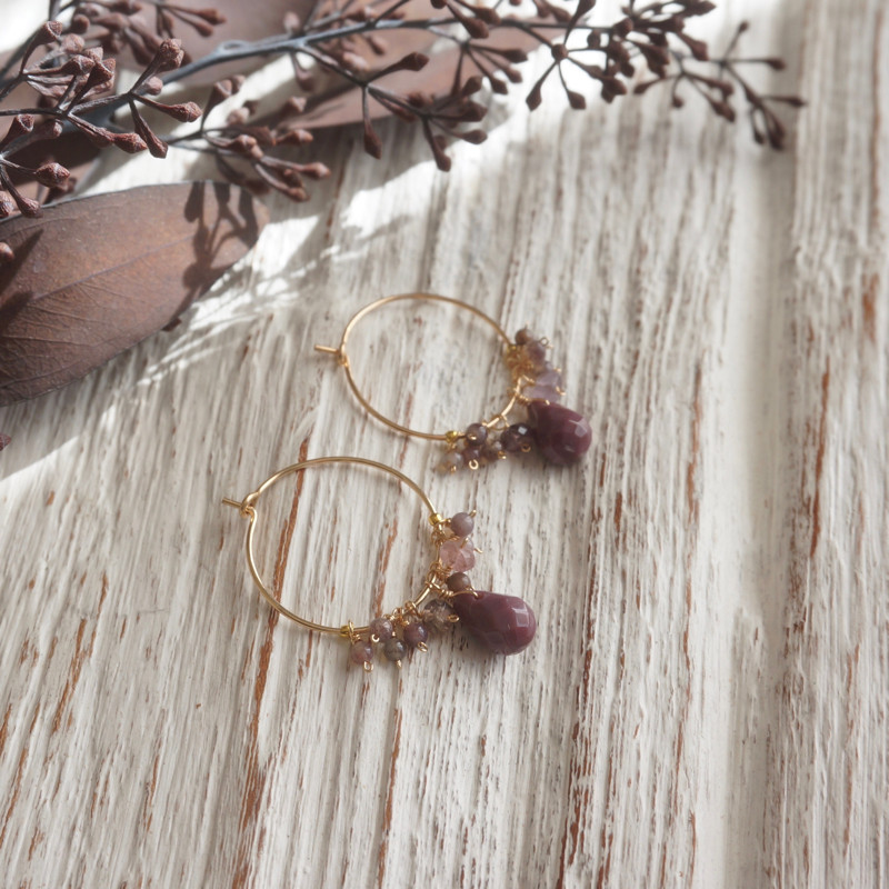 アゲートとトルマリンのふさフープピアス（PE-151 パープル)