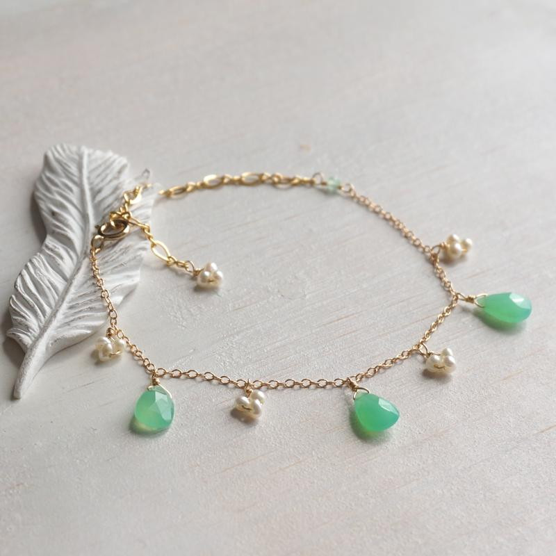 クリソプレーズしずくのフリンジブレスレット(BR-GF-22)