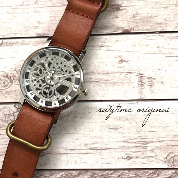 【刻印可能】夏のレザーウォッチ　シルバー× ライトブラウン 腕時計 メンズ レディース シンプル ギフト 人気 1枚目の画像