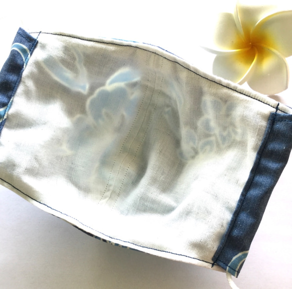 【受注製作】ハワイアンファブリック✖️抗菌防臭Wガーゼ　3層立体マスク　ネイビー　 夏マスク 6枚目の画像