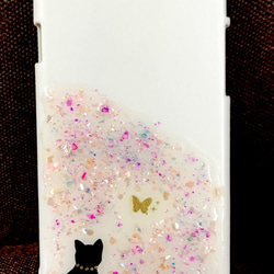 猫と蝶 キラキラiPhoneケース スマホケース  ねこ 4枚目の画像