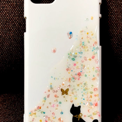 ★再販★猫と蝶 キラキラスマホケース iPhoneケース ねこ ちょう 2枚目の画像