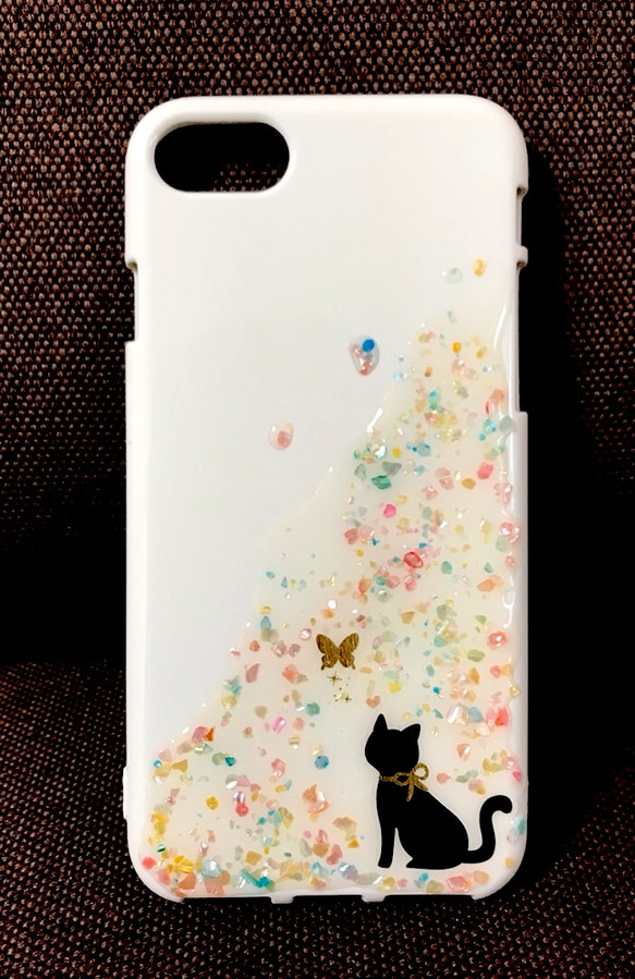 ★再販★猫と蝶 キラキラスマホケース iPhoneケース ねこ ちょう 2枚目の画像