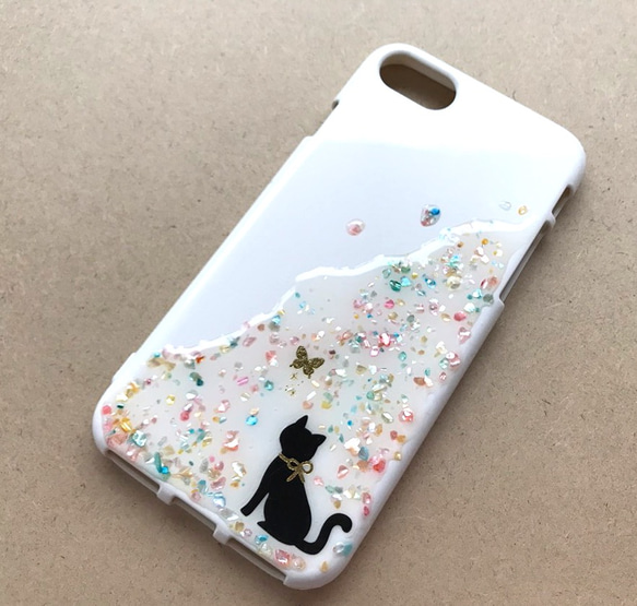 ★再販★猫と蝶 キラキラスマホケース iPhoneケース ねこ ちょう 3枚目の画像