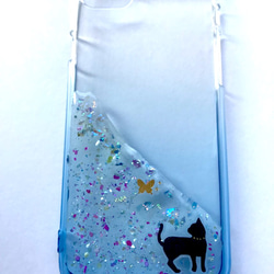 猫と蝶 グラデーションiPhoneケース スマホケース ブルー 2枚目の画像