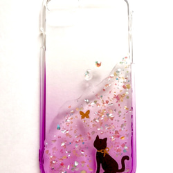 猫と蝶 グラデーションiPhoneケース スマホケース パープル 2枚目の画像