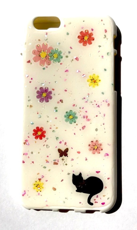 猫とお花 キラキラiPhoneケース スマホケース  ねこ 2枚目の画像