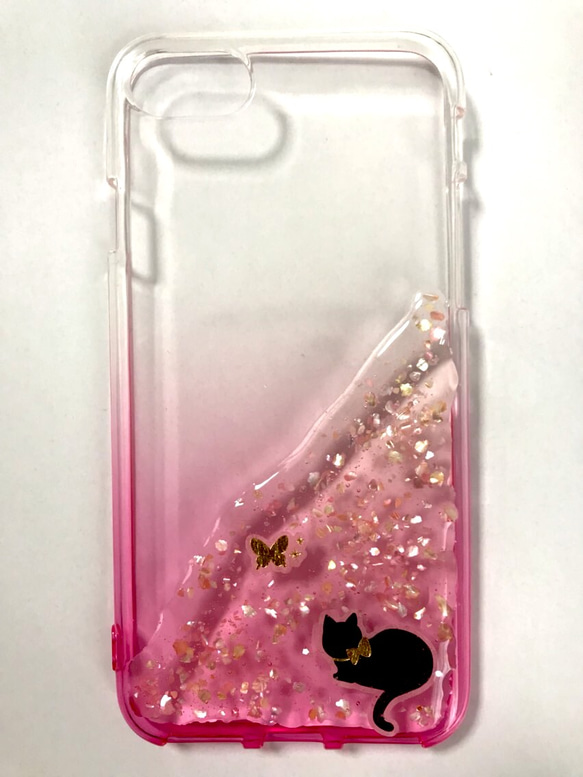 猫と蝶 グラデーションiPhoneケース スマホケース ピンク 2枚目の画像