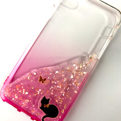 猫と蝶 グラデーションiPhoneケース スマホケース ピンク 1枚目の画像