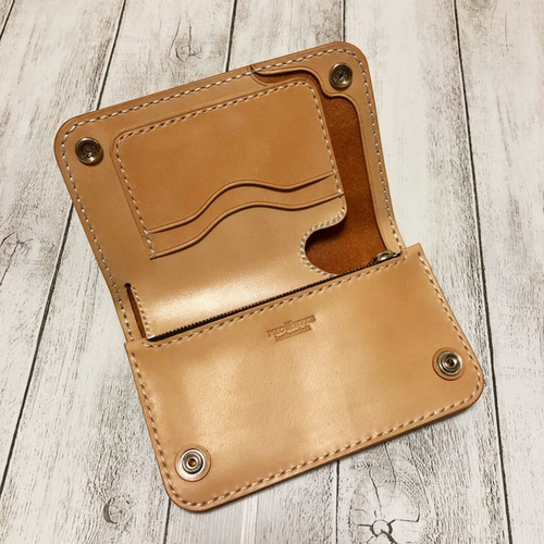 完成品お札を折らないミドルトラッカーウォレット キャメル×ナチュラル