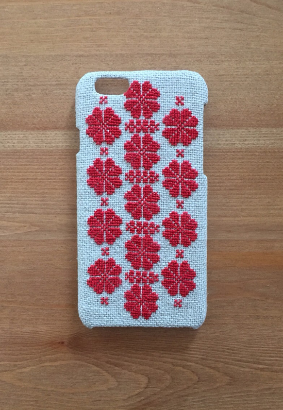 北欧風クロスステッチ スマホケース iPhone6(花、赤)オーダー受付中！ 1枚目の画像
