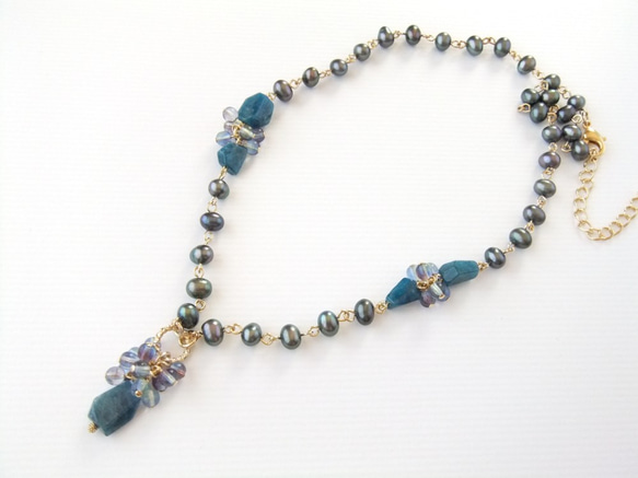 sold/Necklace　ブルーアパタイト　淡水パール（N1196) 2枚目の画像