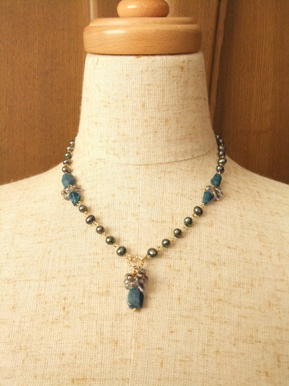 sold/Necklace　ブルーアパタイト　淡水パール（N1196) 5枚目の画像