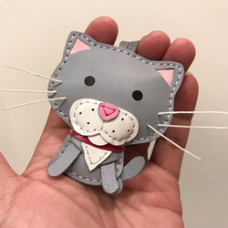 台湾手作り革} {Leatherprince MIT灰色かわいい猫手縫製レザーストラップ 1枚目の画像